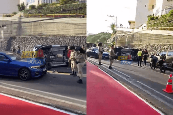 Imagem de BATIDA DE CARROS: acidente entre BMW e Tiggo 7 interdita Avenida Oceânica; um dos veículos tombou na pista